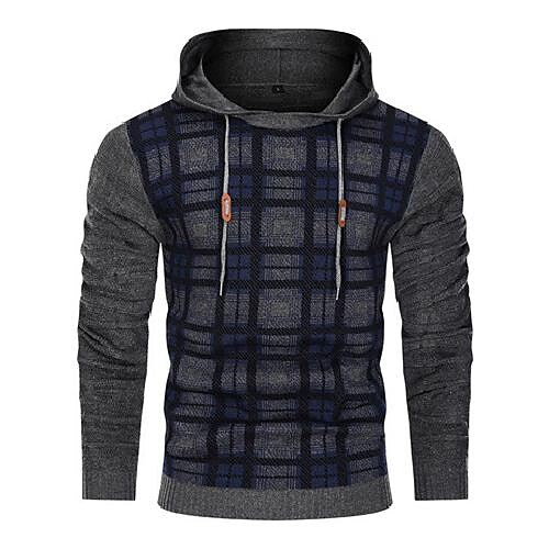 Pull Homme Color Block Motif à Carreaux Jacquard Capuche Tricot Basique Vintage Sportif Extérieur