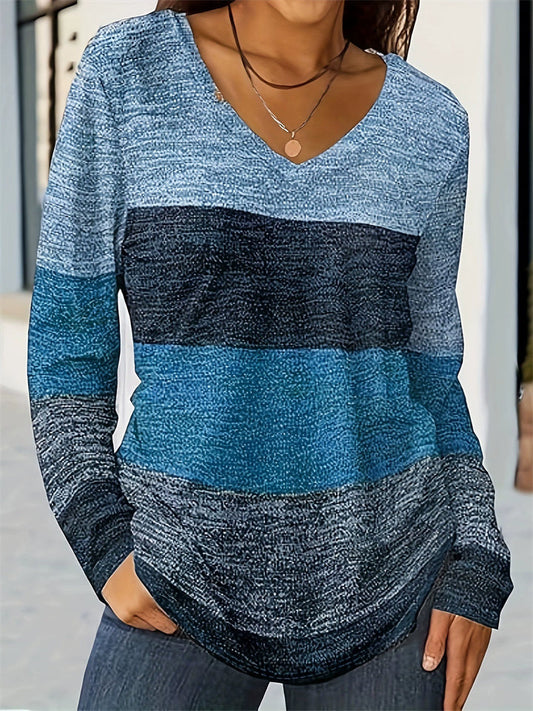 T-shirts décontractés à manches longues et col en V de couleur contrastante pour femmes taille plus